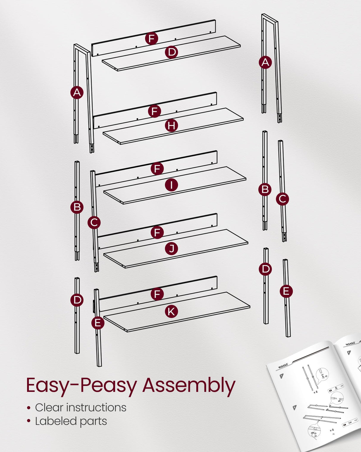 VASAGLE 5-Tier Ladder Shelf - Stylish Multi-Use Bookshelf in Ebony Black and Ink Black VASAGLE