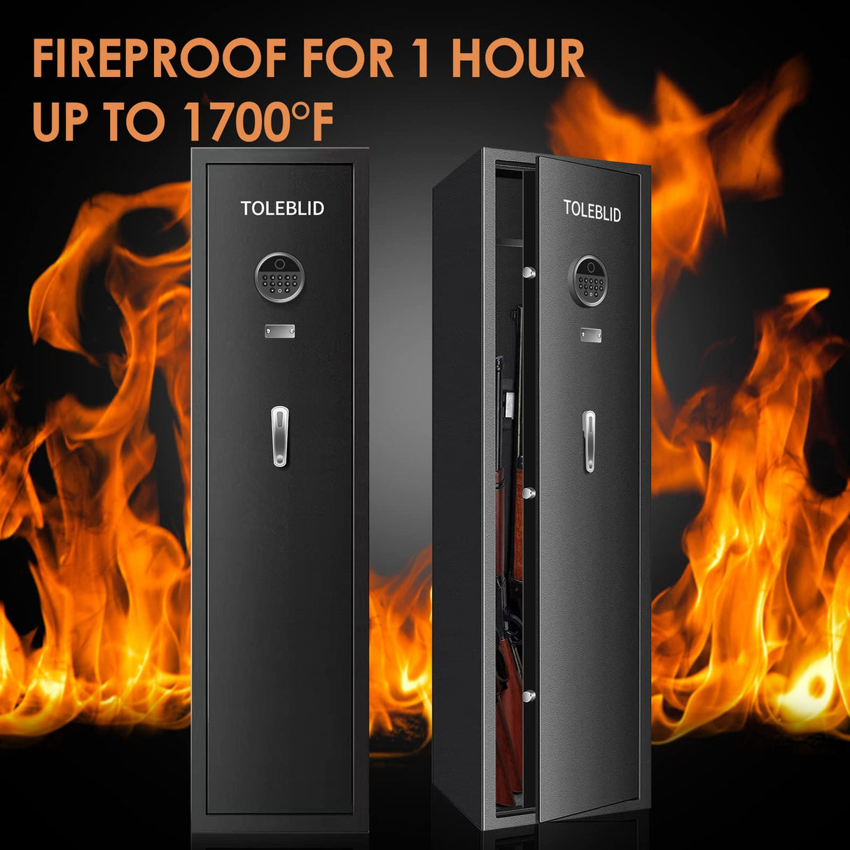[2024 NEW] 7-8 Fireproof Biometric Gun Safes for Home Rifle and Pistols, Heavy Duty Anti-Theft Long Gun Safes for Rifles and Shotguns with 3 Handgun Pocket, Removable Shelf, Silent Mode TOLEBLID