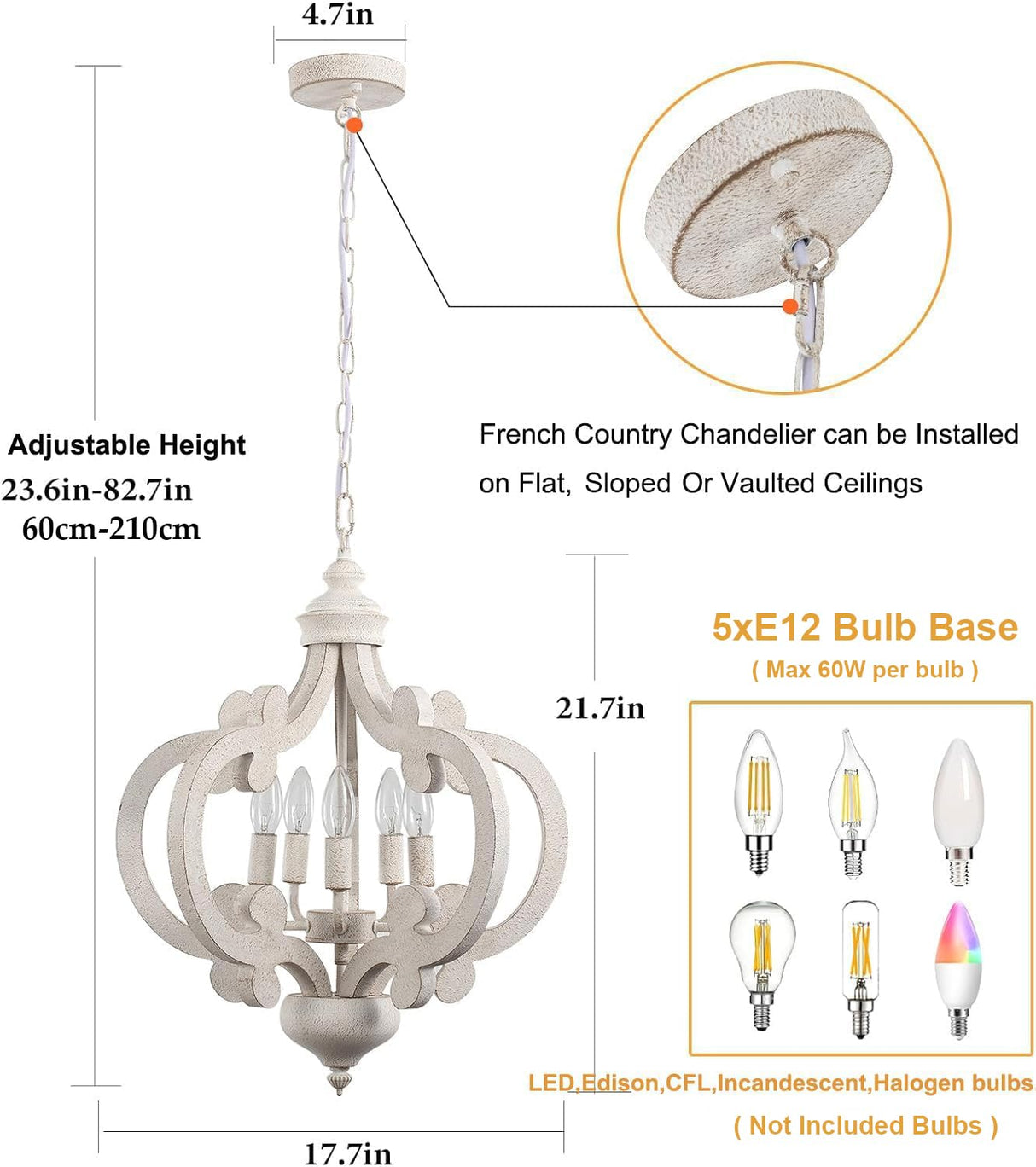 Wooden Farmhouse Chandelier, 5 Lights Antique Distressed White Cottage French Country Chandelier Ceiling Light Fixture Vintage Rustic Pendant Light for Kitchen Island Living Dining Room Bedroom Foyer YCZHCC