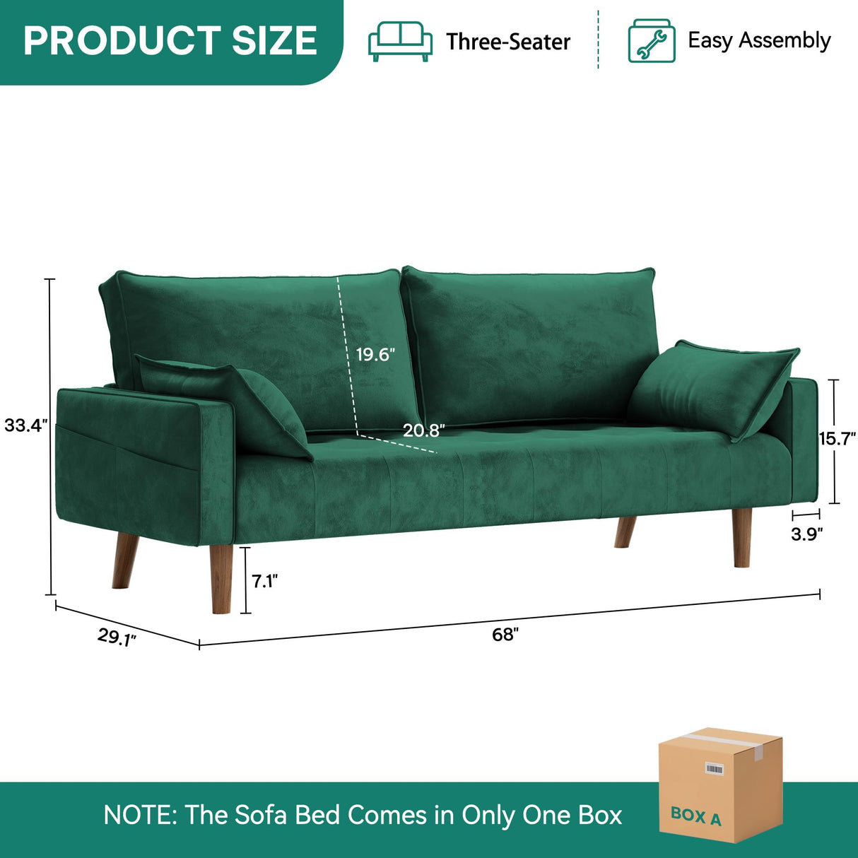 DWVO 68" Loveseat Sofa, Velvet Fabric Sofa Couch for Small Space, Modern Loveseat with Button Tufted Seat and Side Storage Pockect, 3 Seater Couch for Living Room Bedroom, 2 Pillows Included, Green DWVO