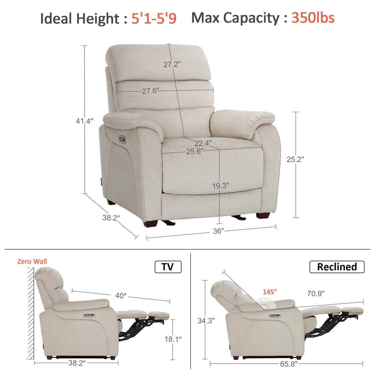 MCombo Power Zero Wall Hugger Recliner Chair for Small Space RV Living Room, Power Recliner with Adjustable Headrest, USB & USB-C Charging Ports, Fabric ST257 (Beige) MCombo