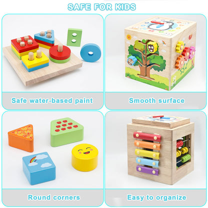 Resumplan 8-in-1 Baby Activity Cube – Premium Wooden Activity Cube Featuring Shape Sorting, Stacking Blocks, Xylophone, Wooden Montessori Toys for Baby, Educational Learning Toys for Toddlers