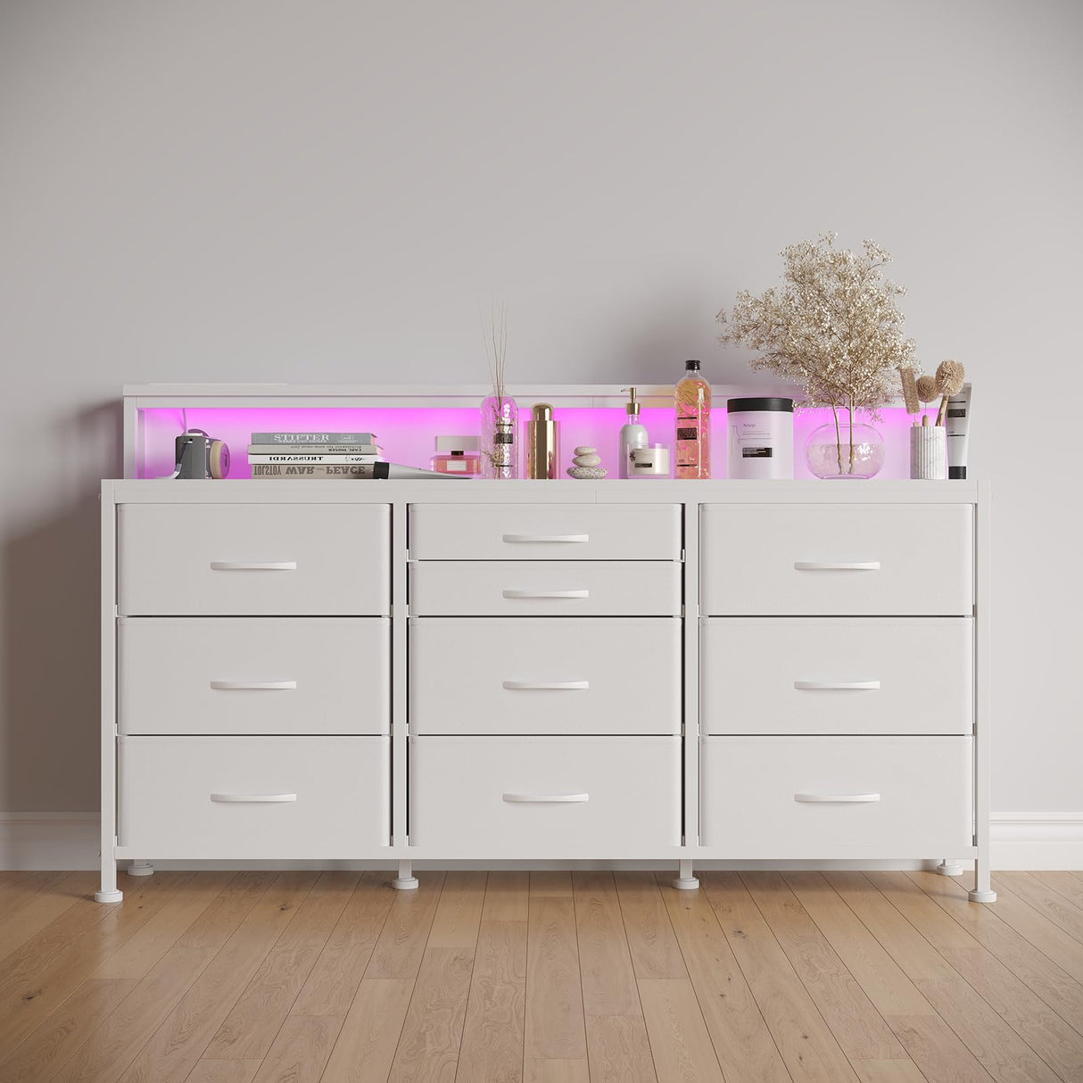 WODRAWER White Dresser for Bedroom with 10 Drawers, 55" W Long Dressers & Chests of Drawers with LED Lights & Power Outlets & Shelves, Fabric Dresser for Closet, Entryway WODRAWER