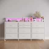 WODRAWER White Dresser for Bedroom with 10 Drawers, 55" W Long Dressers & Chests of Drawers with LED Lights & Power Outlets & Shelves, Fabric Dresser for Closet, Entryway WODRAWER