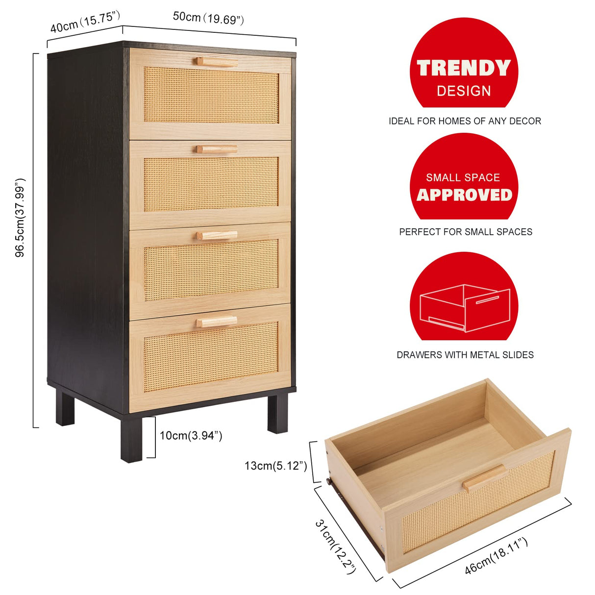 Graficial 4 Drawer Dresser, Dresser for Bedroom, Rattan Chest of Drawers, Tall Bedside Storage Dresser for Bedroom,Living Room, Black/Oak Graficial