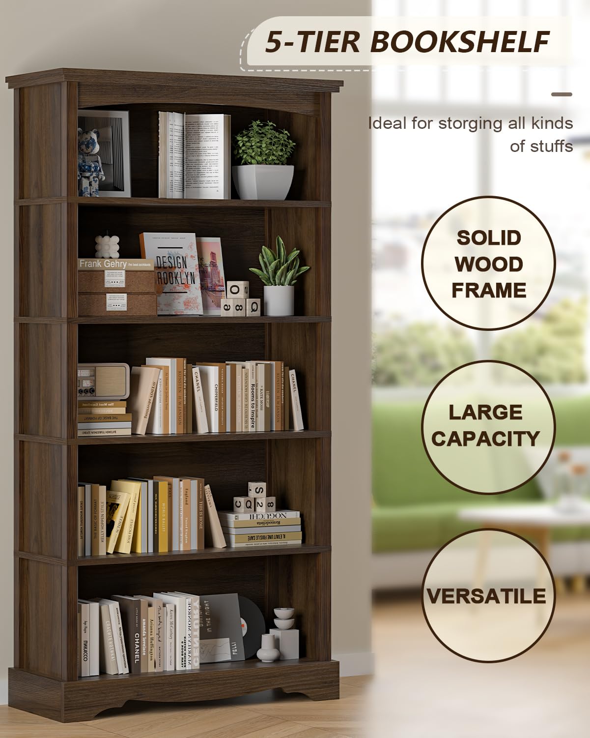 TVU 5-Tier Wooden Bookshelf, 65 Inch Tall Bookshelf with Storage, Floor Standing Modern Style Display Bookcase for Living Room, Office, Study Room, Entryway, Brown TVU