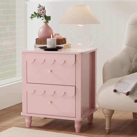 Pink Nightstand Side End Table with 2 Drawers, Modern Night Stand with Petal Pattern for Bedroom, Scalloped Bedside Night Tables with Solid Wood Legs Anbuy