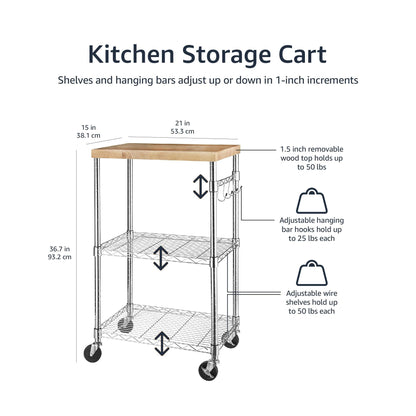 Amazon Basics Portable Kitchen Storage Rack on Caster Wheels with Adjustable Shelves, 175 Pound Capacity, 21 x 15 x 36.7 inches (LxWxH), Wood/Chrome