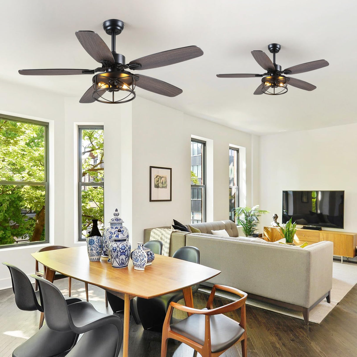 Dannilong Farmhouse Ceiling Fan with Light and Remote 52" Rustic Flush Mount Ceiling Fans 5 Dual Finish Blades Carnegie Industrial Fandelier for Living room Bedroom Patio E26 Dannilong