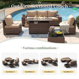 Aoxun 7 Piece Patio Furniture Set with Wide Armrests & 44” Fire Pit Table Wicker Rattan Outdoor Sectional Sofa Set with Coffee Table and Thickened Cushions, Brown/Beige(Waterproof Cover Included) Aoxun