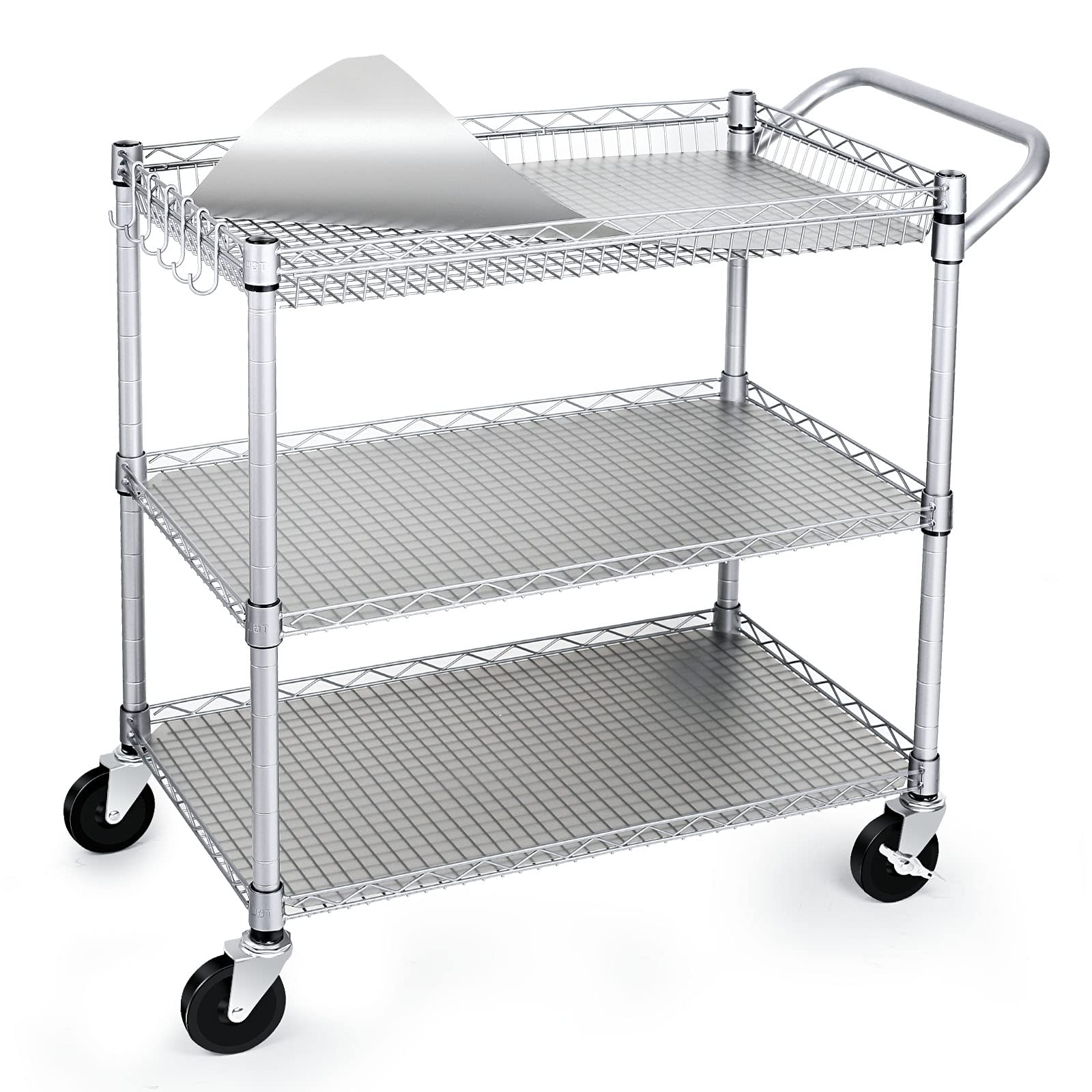 WDT 990Lbs Capacity Heavy Duty Rolling Utility Cart, NSF Rolling Carts with Wheels,Commercial Grade Metal Cart with Handle Bar & Shelf Liner,Trolley Serving Cart for Restaurant,Kitchen,Gray - WoodArtSupply