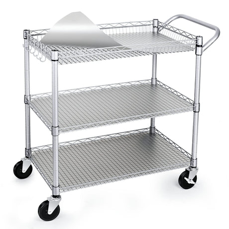 WDT 990Lbs Capacity Heavy Duty Rolling Utility Cart, NSF Rolling Carts with Wheels,Commercial Grade Metal Cart with Handle Bar & Shelf Liner,Trolley Serving Cart for Restaurant,Kitchen,Gray WDT