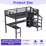 Full Size Metal Loft Bed Heavy-Duty Loft Bed Frame, LED Loft Bed Frame with L Shaped Desk, Wardrobe, Storage Stairs, Charging Station & Safety Guard for Kids Girls Boys, Space-Saving/Noise Reduced NicBex