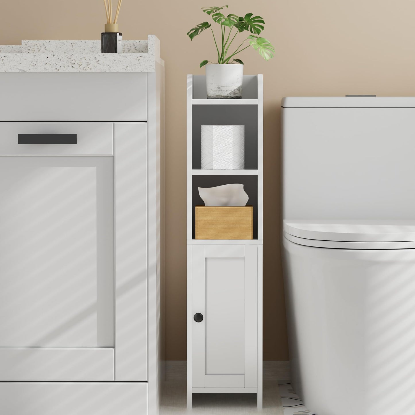 Homhedy Small Bathroom Storage Corner Floor Cabinet with Door and Shelves, Beside The Toilet Cabinet for Skinny, Narrow Toilet Paper Cabinet, Adjustable Shelf, White