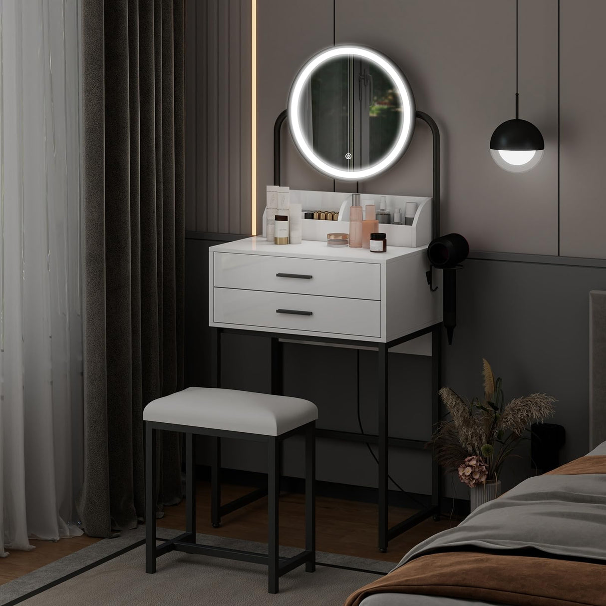 ARTETHYS Small Vanity Desk with Mirror and Lights Compact Makeup Vanity Set with Drawers for Bedroom Mini White Modern Dressing Table with Chair ARTETHYS