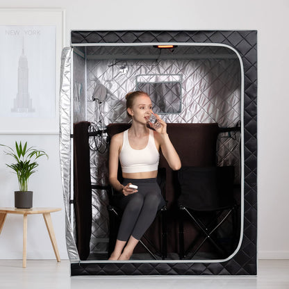 Smartmak Full Size Far Infrared Sauna, Two Person Home SPA with Time & Temperature Remote, Chairs, Light, 1 or 2 Person Privacy Indoor Saunas for Relaxation Detox,Greyborder