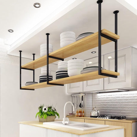 Hanging Wine Rack - Ceiling Floating Shelf, 2-Tier Wine Bottle Rack, Iron Solid Wood Hanging Bookcase Storage Rack Display Stand, Bar Bedroom Kitchen Wall Mounted Plant Stand/Wall Decor ( Color : Blac PAUANI