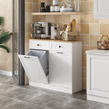 Vabches Trash Cabinet Double Trash Can, Dog Proof Tilt Out Trash Bin Holder, Hideaway Free Standing Recycling Cabinet with 2 Drawers for Kitchen Living Room White Vabches