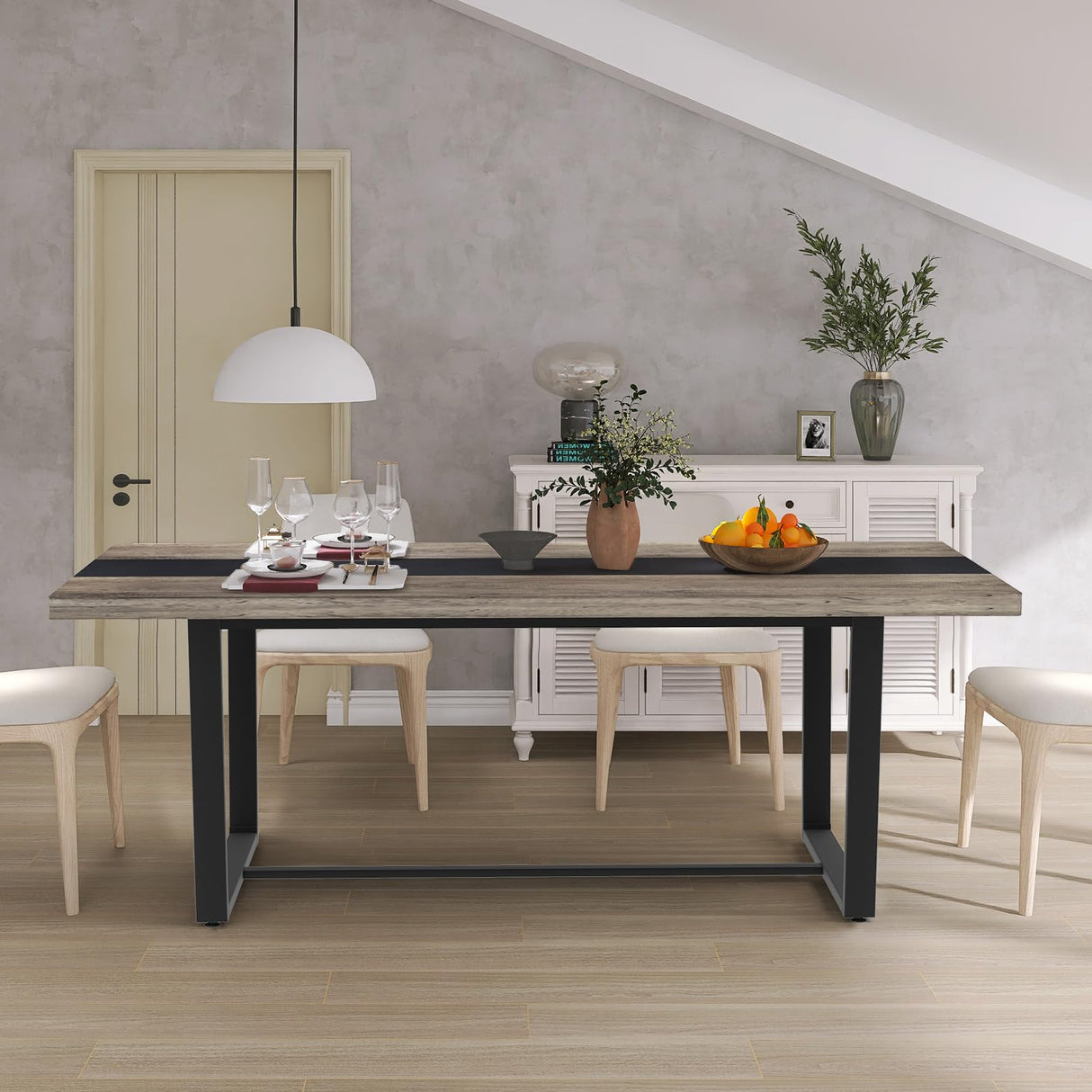 STHOUYN 71" 6ft Large Dinner Table for 6 8 Seat Dining Room Table, Rectangular Farmhouse Modern Kitchen Long Black & Grey Industrial Conference (Grey) STHOUYN