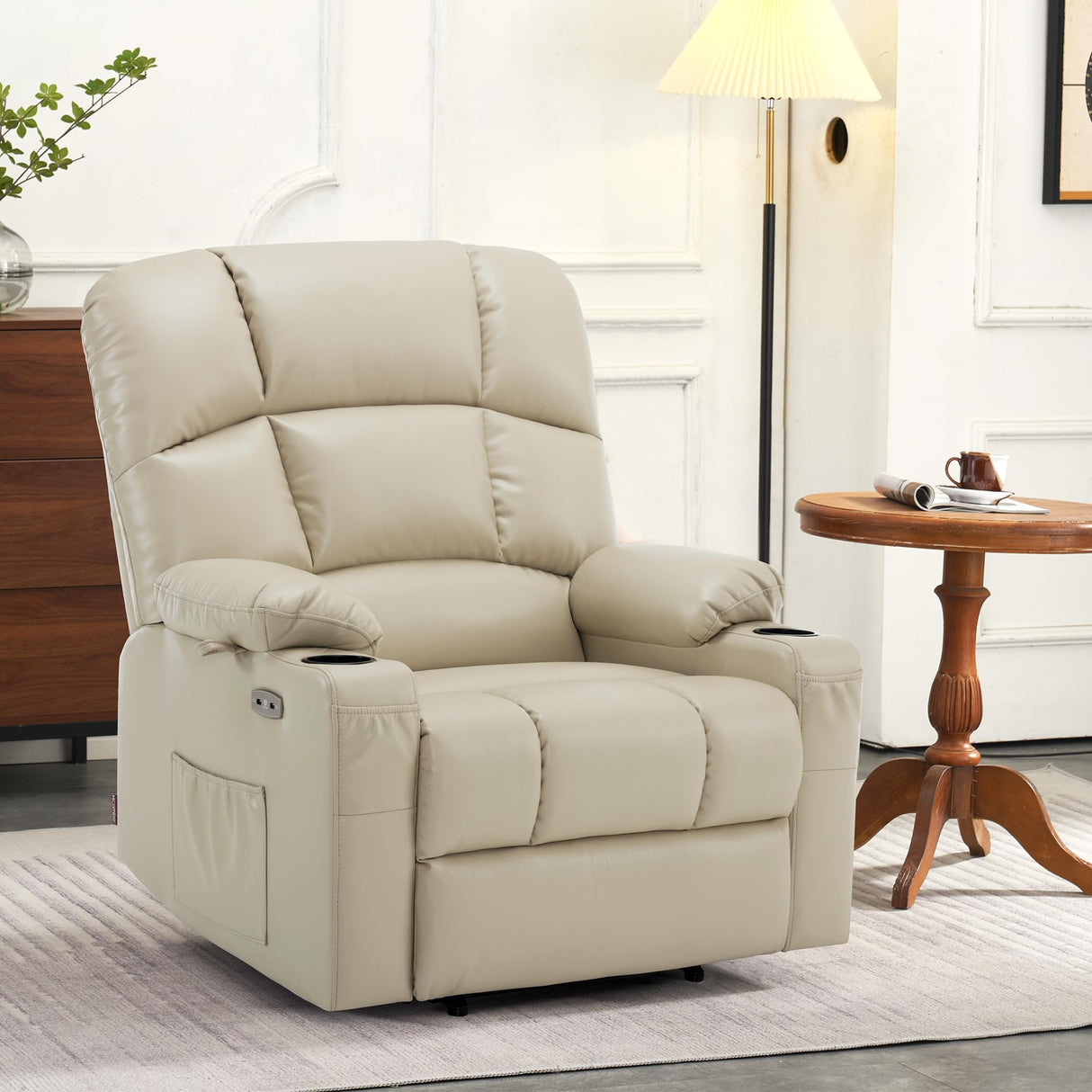 MCombo Oversized Dual Motor Power Lift Recliner Chair Sofa with Massage and Heat for Big Elderly People, Infinite Position, USB Ports, Faux Leather R7677 (Beige, Medium-Oversize) MCombo