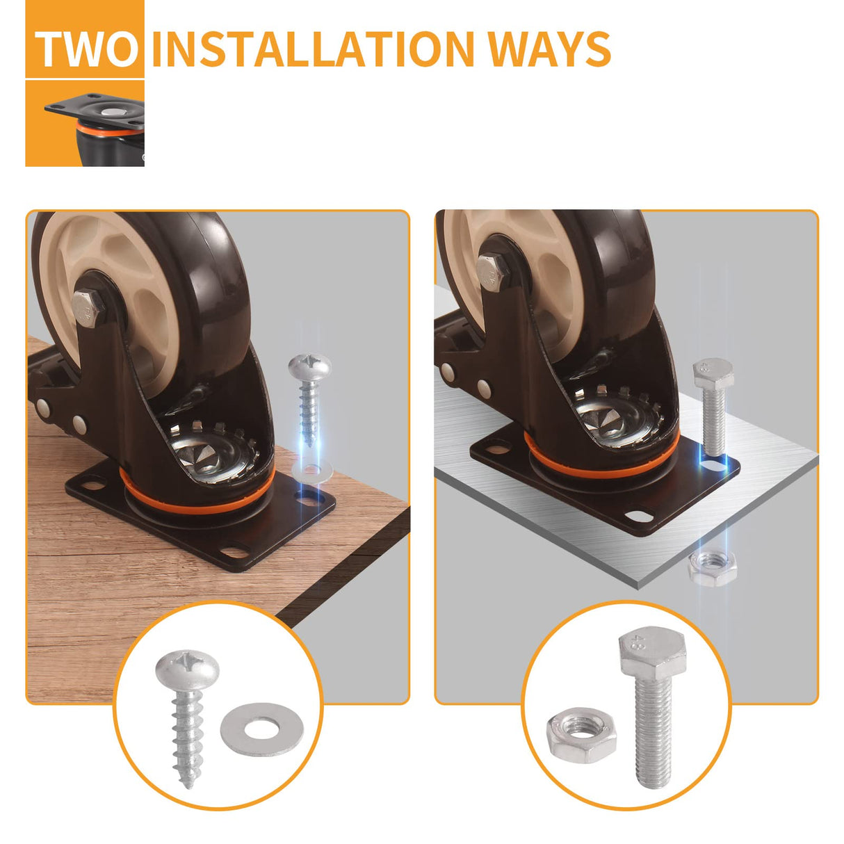 Wheels,5 Inch Caster with Brake, Casters Set of 4 Heavy Duty 2000Lbs with Safety Dual Locking, Industrial Swivel Casters, Polyurethane No Noise Wheels for Cart, Workbench(2 Hardware Kits Included) Ashxakv