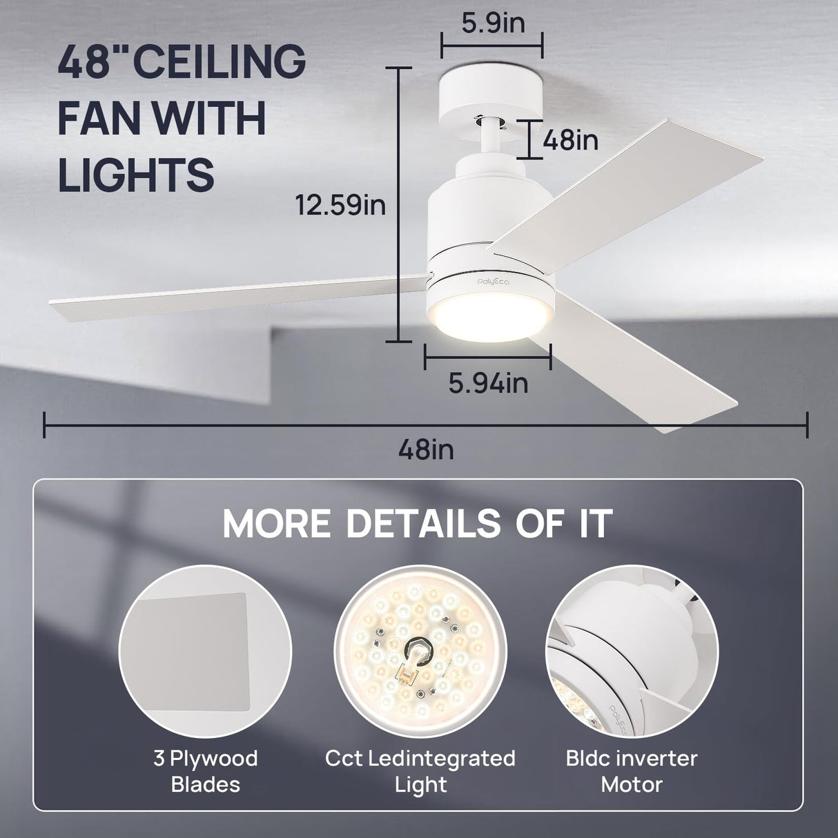 48 Inch Ceiling Fans with Lights Remote Control, Matte White Ceiling Fan with DC Motor, Modern Ceiling Fan with 6 Speeds,3 Reversible Blades, Dimmable And Timer for Living Room Dining Room Bedroom POLYECO