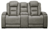 Signature Design by Ashley The Man-Den Leather Power Reclining Loveseat with Center Console, Adjustable Headrest & Wireless Charging, Gray Signature Design by Ashley