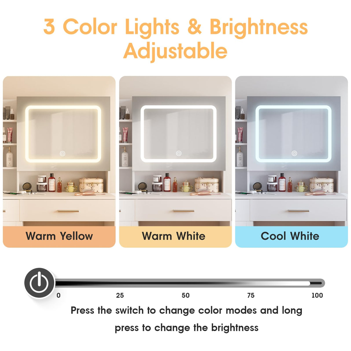 Vabches Vanity Desk with Mirror and Lights, Makeup Vanity with Charging Station, Vanity Table with Drawers, Shelves and Large Storage Cabinet for Home and Bedroom Vabches