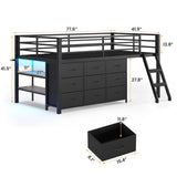 BTHFST Twin Loft Bed for Kids, Low Loft Bed Twin Size with 9 Storage Dresser, LED Lights, 2 Storage Shelves & Stairs, Metal Black Bed with Safety Guardrail for Young Teens, Space Saving, Black BTHFST