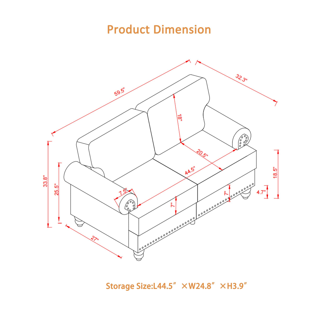 KEIKI Faux Leather Loveseat Sofa, 59.5"W Mid Century Modern Couch with Storage, Comfy 2 Seaters with Nailhead Trim & Rolled Armrests, Deep Seat Small Sleeper for Living Room, Apartment, Office, Brown KEIKI