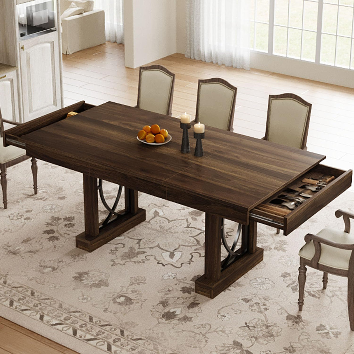 IDEALHOUSE Wooden Dining Table for 6-8 People with 2 Large Drawers, 71 in Long Farmhouse Rectangular Kitchen Dining Table & Thick Table Top, Sturdy Frame, for Big Family, Dinette, Office, Walunt IDEALHOUSE