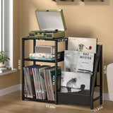 LELELINKY Black End Table,Record Player Stand with Vinyl Storage,3 Tier Side Table with Display Shelf Storage Up to 150 Albums,Industrial Large Record Holder Cabinet for Living Room LELELINKY