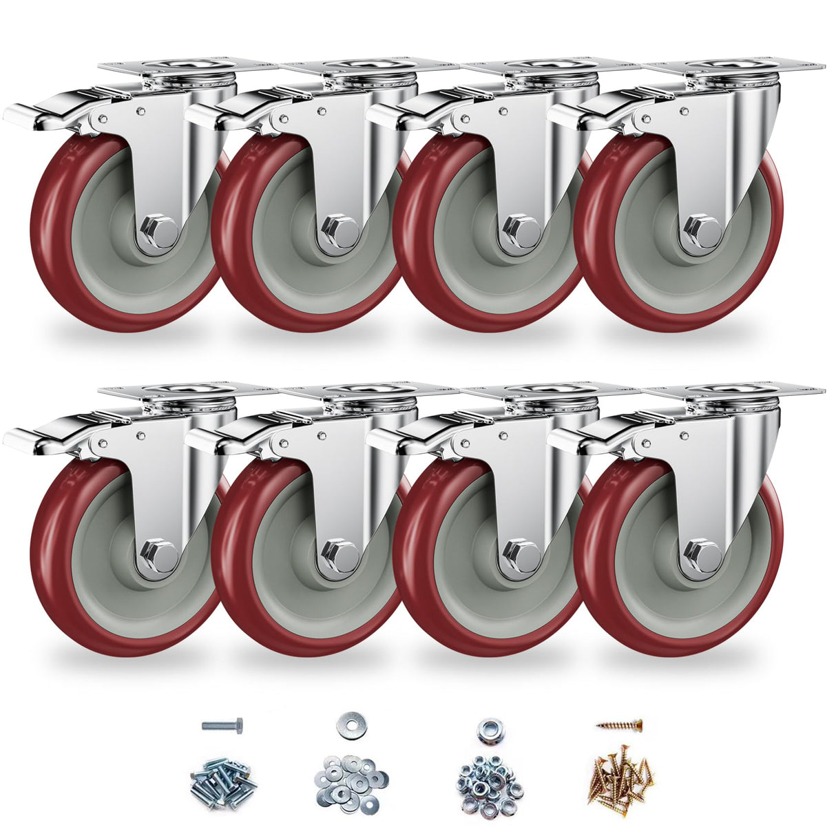 Casters Set of 8 Heavy Duty - Caster Wheels 5 Inch, CLOATFET Locking Castors, Swivel Casters with Brake (Top Plate), Double Ball Bearing Non Marking Castor Wheels for Cart Furniture Workbench CLOATFET