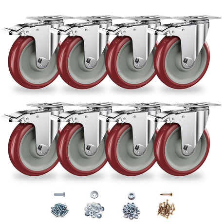 Casters Set of 8 Heavy Duty - Caster Wheels 5 Inch, CLOATFET Locking Castors, Swivel Casters with Brake (Top Plate), Double Ball Bearing Non Marking Castor Wheels for Cart Furniture Workbench CLOATFET