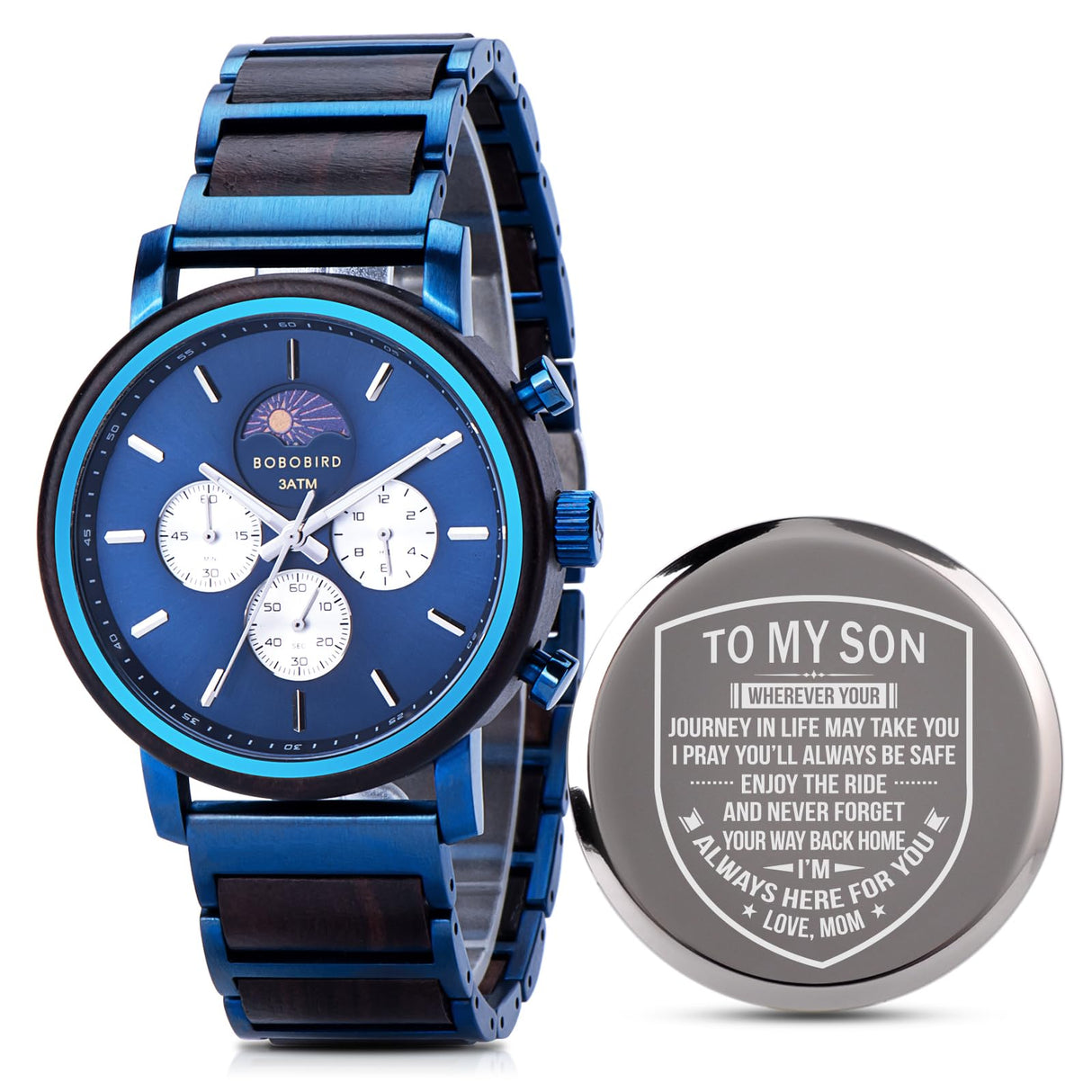 2win Engraved Wood Watch for Men Multifunctional Chronograph Custom Personalized Anniversary Watches Gifts for Him Husband Groomsmen Dad Boyfriend (A-for Son from Mom) 2win