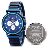 2win Engraved Wood Watch for Men Multifunctional Chronograph Custom Personalized Anniversary Watches Gifts for Him Husband Groomsmen Dad Boyfriend (A-for Son from Mom) 2win