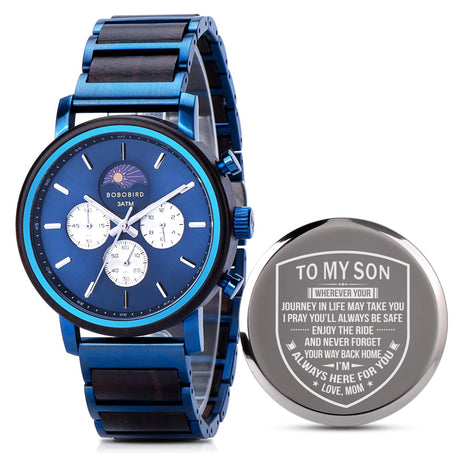 2win Engraved Wood Watch for Men Multifunctional Chronograph Custom Personalized Anniversary Watches Gifts for Him Husband Groomsmen Dad Boyfriend (A-for Son from Mom) 2win