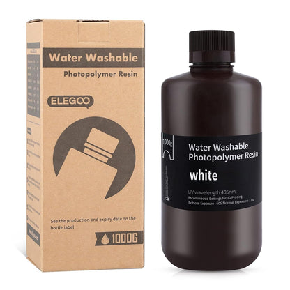 ELEGOO Water Washable 3D Printer Resin, 405nm Rapid UV Curing Standard Photopolymer Resin, Easy to Clean, High Precision 3D Water Wash Resin for LCD/MSLA/DLP 3D Printer Printing, White 1000G