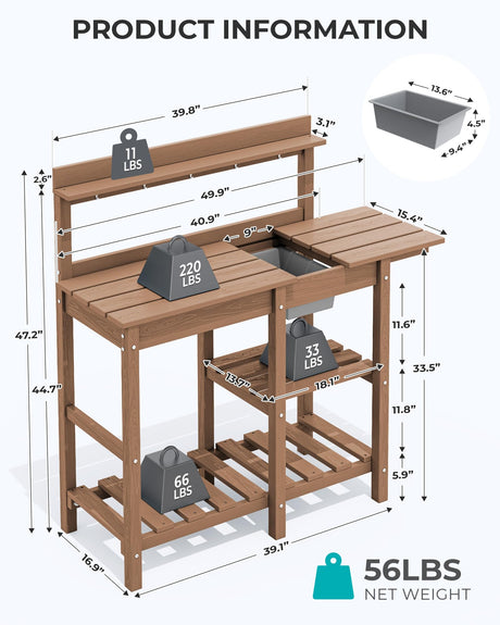 SERWALL Potting Bench Outdoor Potting Table with Sink, HDPE Potting Benches for Outside Gardening Table All Weather Use- Brown SERWALL