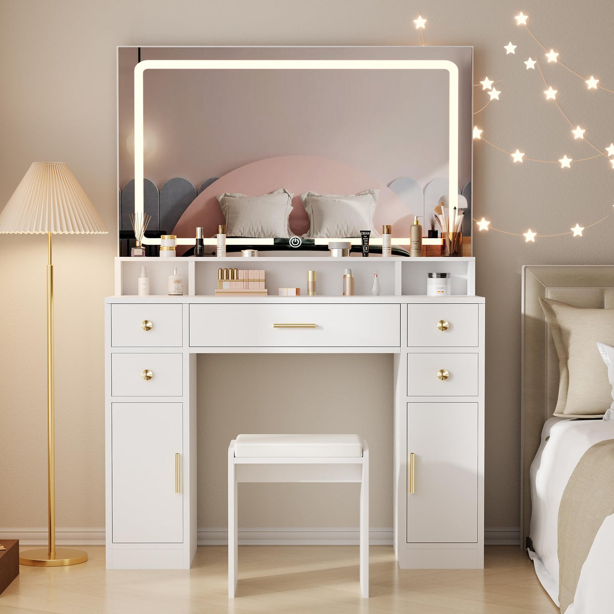 ANWBROAD Vanity Desk Set with Large LED Lighted Mirror Power Outlet Makeup Vanity Table 3 Color Lighting Modes Dressing Table with 5 Drawers and 2 Cabinets Cushioned Stool for Bedroom, White UBDT57W ANWBROAD