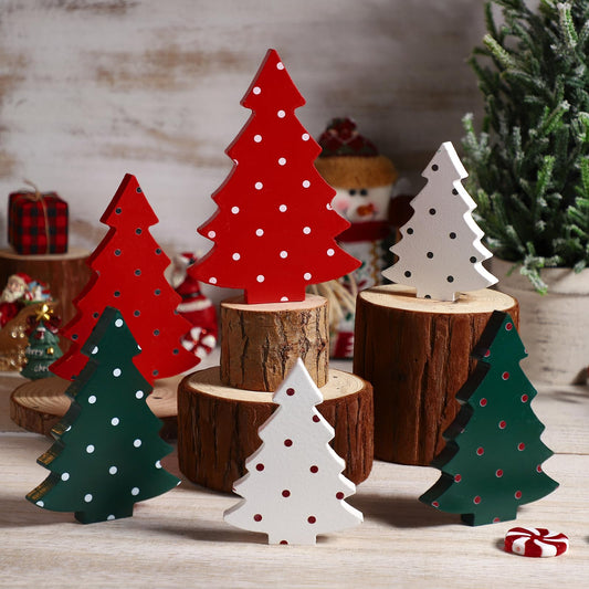 6 Pcs Christmas Tree Wooden Signs Table Decor Rustic Polka Dot Wood Xmas Trees Tiered Tray Decor Mini Buffalo Shelf Centerpiece Tabletop Wood Block Signs for Xmas Holiday Winter Home Decorations