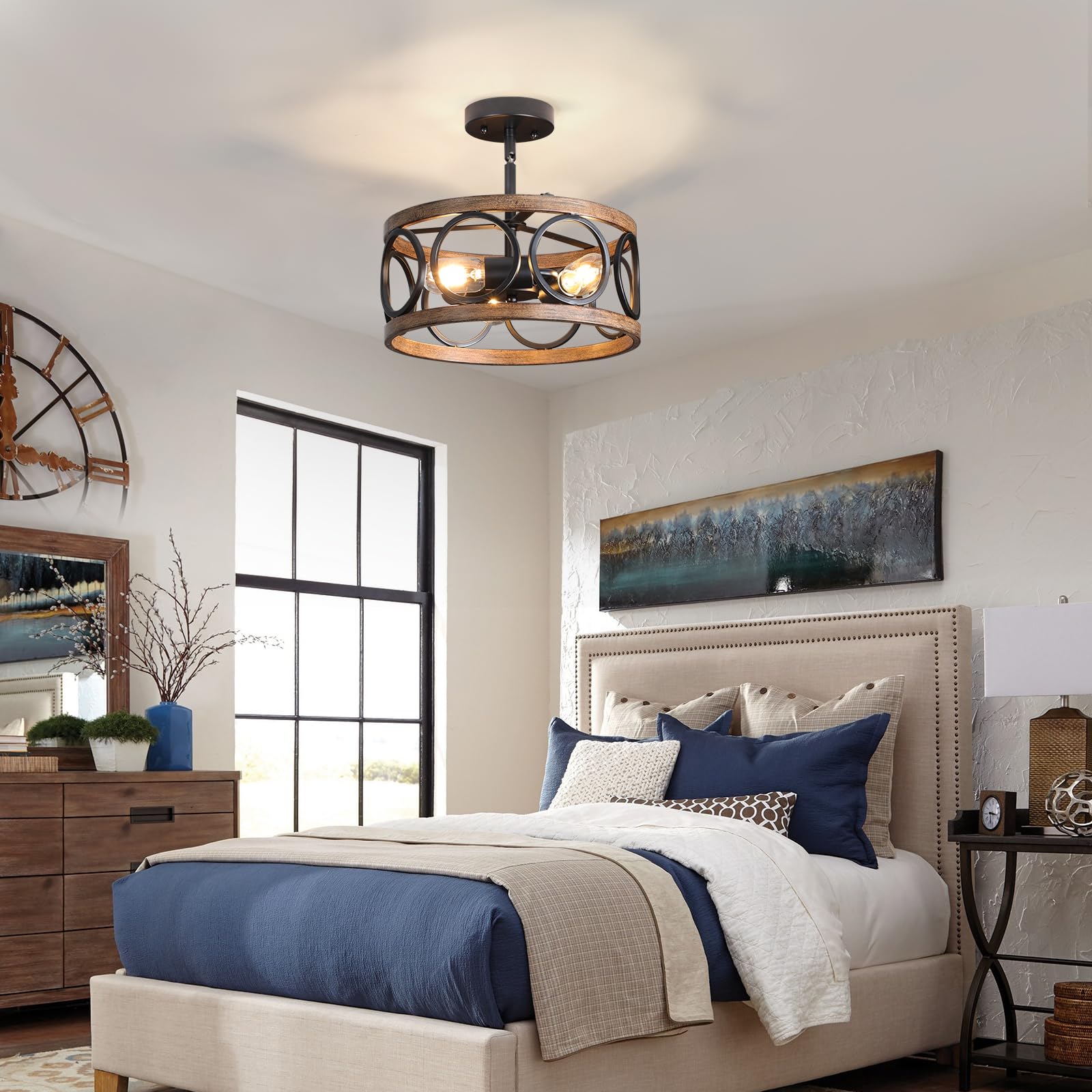 Galtlap Semi Flush Mount Ceiling Light, 3-Lights Modern Farmhouse Ceiling Lighting Fixture, Vintage Close to Ceiling Light for Kitchen Hallway Foyer Bedroom Black and Wood Grain Finish - WoodArtSupply