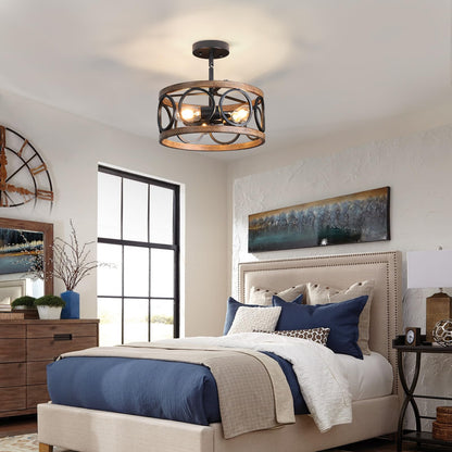 Galtlap Semi Flush Mount Ceiling Light, 3-Lights Modern Farmhouse Ceiling Lighting Fixture, Vintage Close to Ceiling Light for Kitchen Hallway Foyer Bedroom Black and Wood Grain Finish - WoodArtSupply