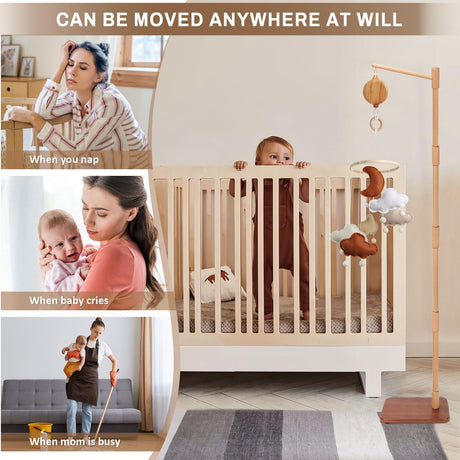 Floor-Standing Crib Mobile Arm with Music Box - 65 Inch Mobile Arm for Crib - 100% Beech Wood - Crib Mobile Motor - Volume Control - 35 Lullabies - Wooden Nursery Decor - Baby Mobile Hanger EBINGMIMA