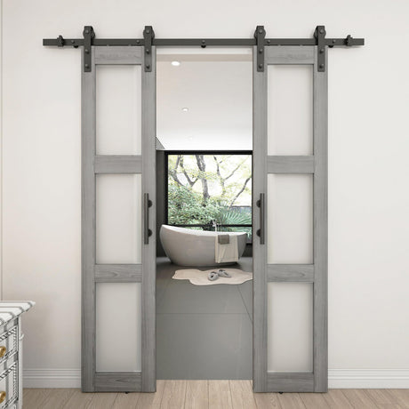 BARNSMITH 18in x 84in Double Glass Barn Door with 6.6FT Sliding Door Hardware Kit Included & Handle,3-Panel Frosted Glass Solid Wood Slab with Water-Proof PVC Surface,Pre-Drilled Easy Assembly,Grey BARNSMITH
