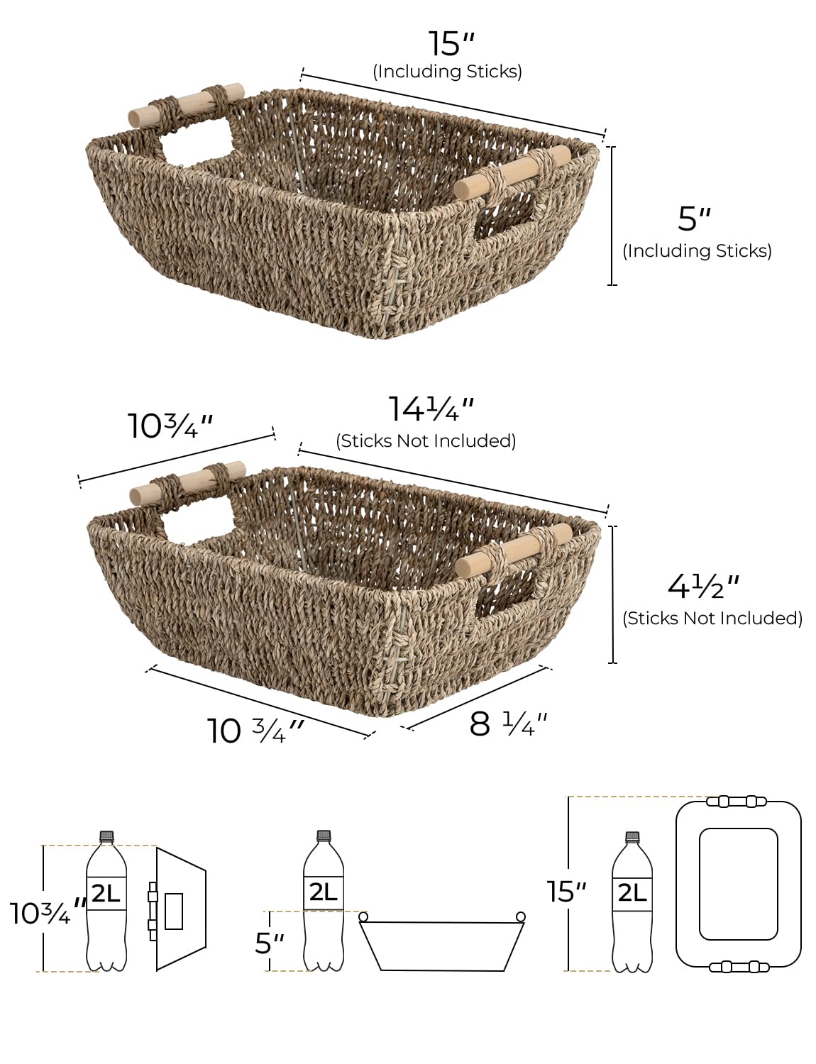 StorageWorks Hand-Woven Large Storage Baskets with Wooden Handles, Seagrass Wicker Baskets for Organizing, 2-Pack - WoodArtSupply