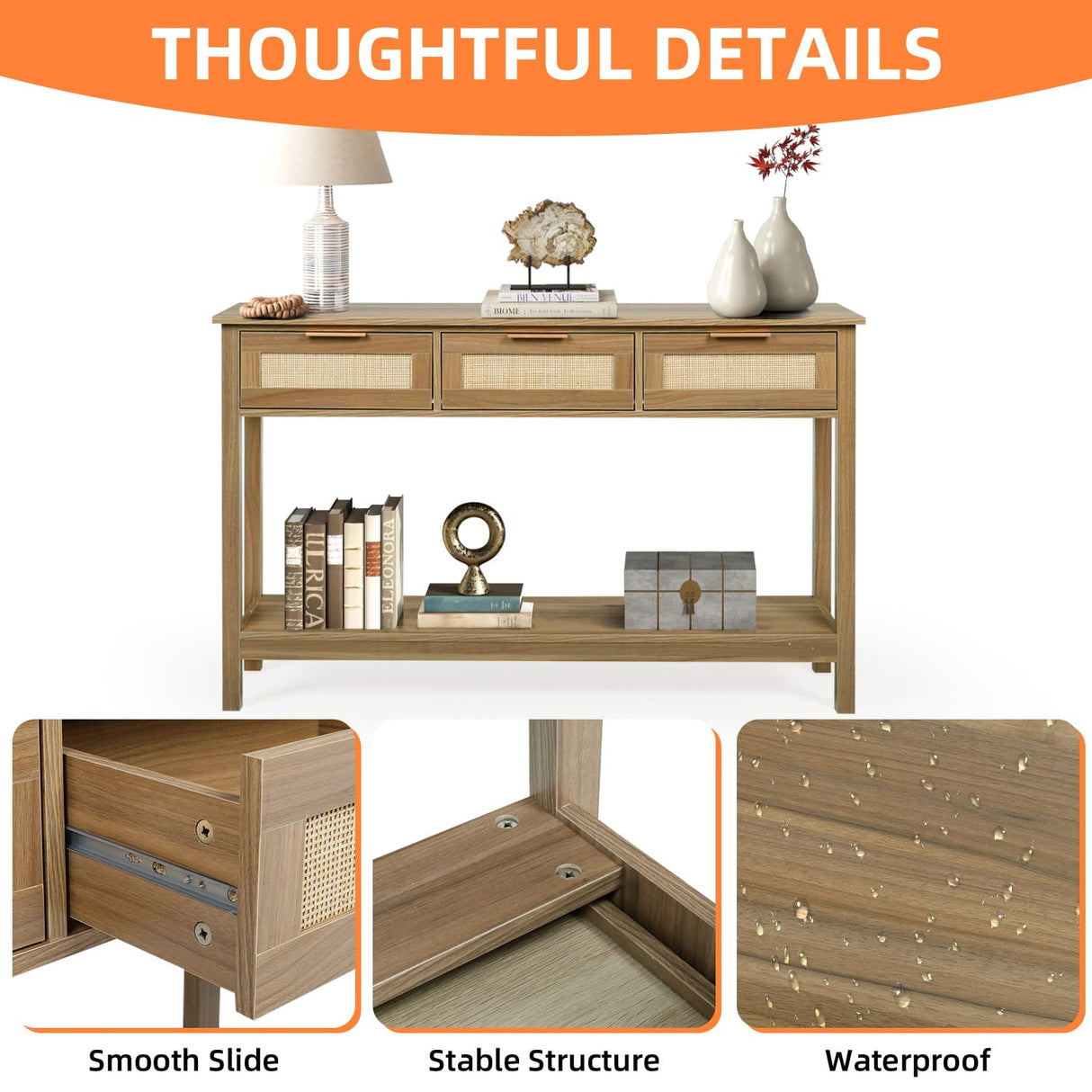 LAZZO Rattan Console Table Boho Entryway Table Narrow Long Sofa Table Hallway Foyer Table Behind Couch Table with 3 Drawers and Open Storage Shelf for Living Room and Corridor Brown LAZZO
