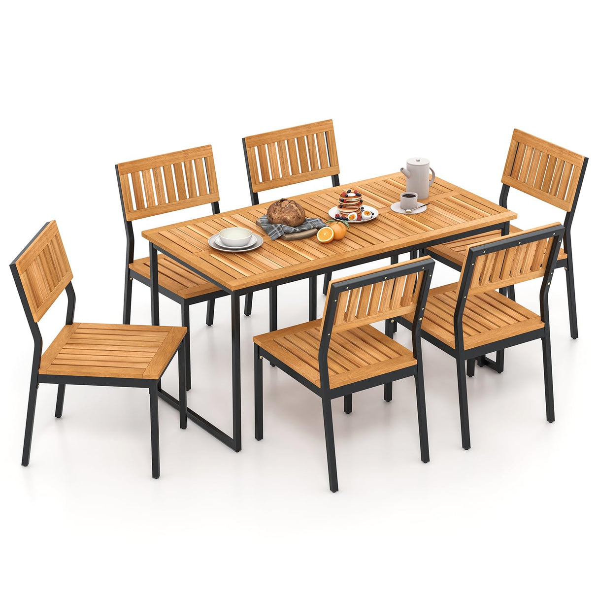 Tangkula 7 Piece Outdoor Dining Set for 6, Acacia Wood Rectangular Dining Table & 6 Armless Chairs w/Metal Frame, Umbrella Hole, Farmhouse Dining Furniture Set for Garden Porch Poolside Tangkula