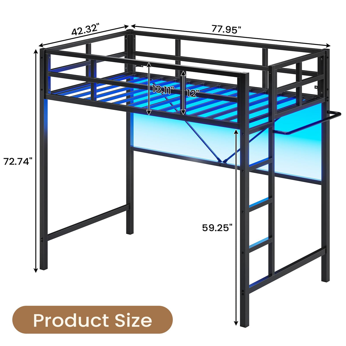 Hasuit Twin Loft Bed with LED Lights, Metal Loft Bed Twin Size with Full-Length Guardrail &Clothes Rack, Heavy Duty Metal Loft Bed Frame, Space-Saving, Noise Free, No Box Spring Needed, Black Hasuit