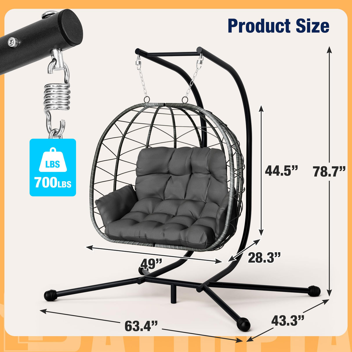 Pamapic 700 LBS Double Egg Chair Outdoor, UV Resistant Cushions Hanging Egg Chair with Armrests & Headrest, Thick Steel Frame Egg Swing Chair with Stand, for Relaxing & Reading Outside/Inside(Grey) Pamapic